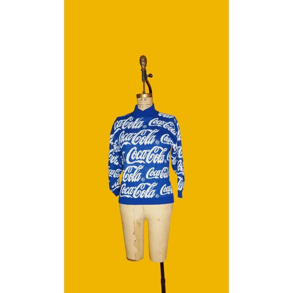 1980s Novelty COCA-COLA KNIT Stretchy High Collar Novelty Pullover Sweater. S-M